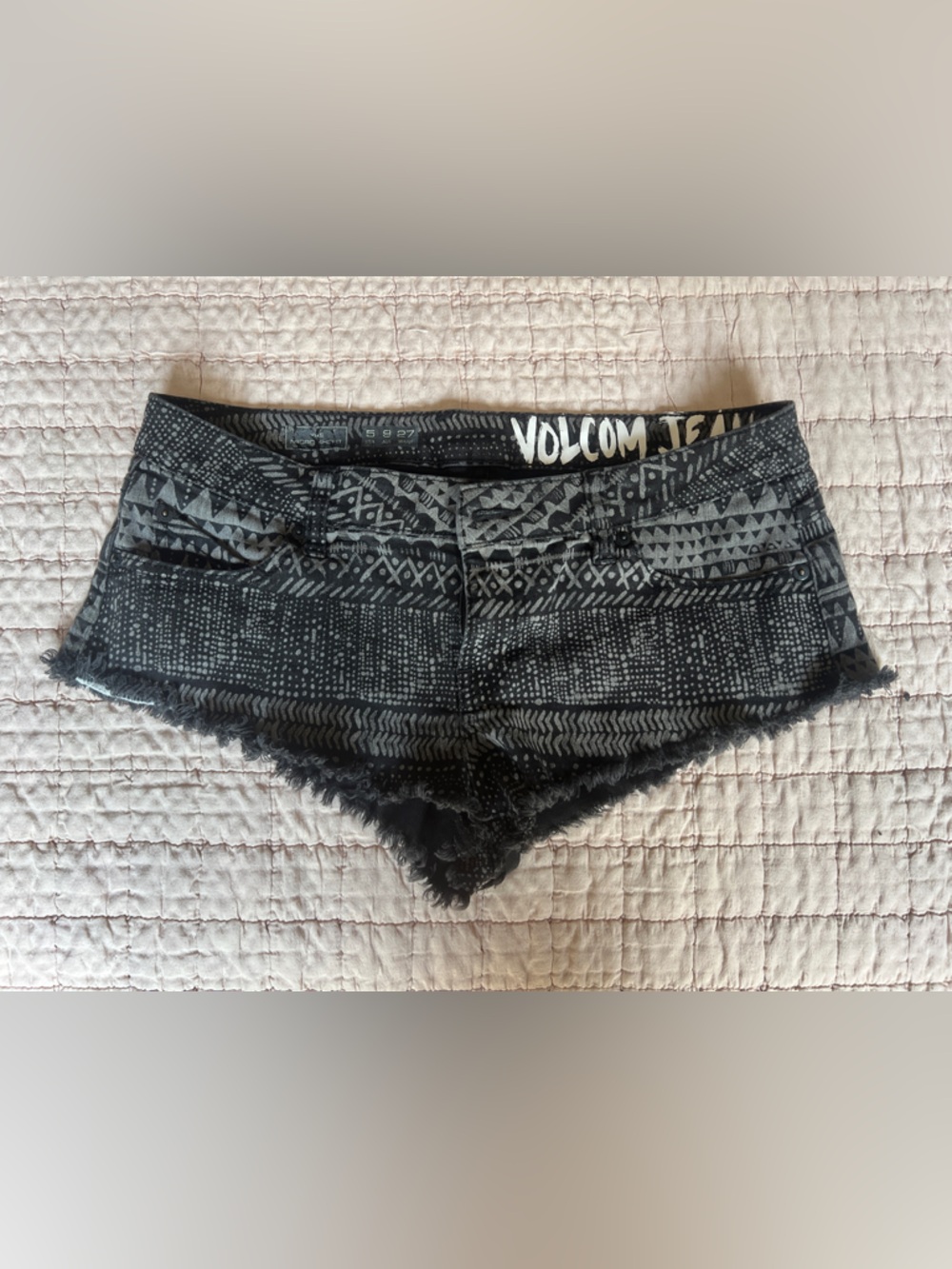 Volcom Black Patterned Frayed Hem Denim Shorts